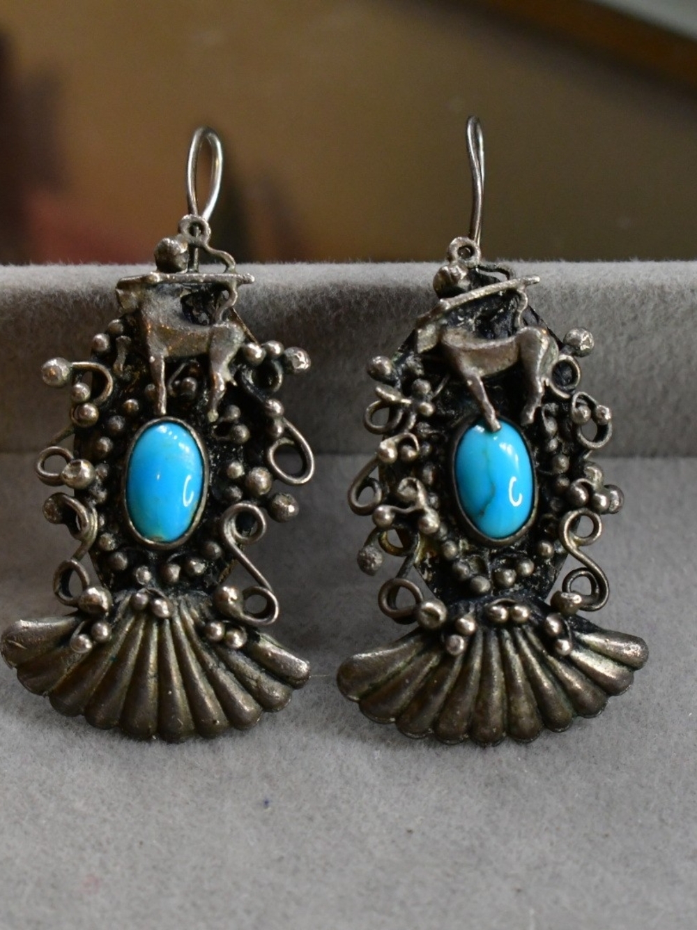 Vintage 1940 Sterling Silver Turquoise Drop Earrings with Deer Motif
